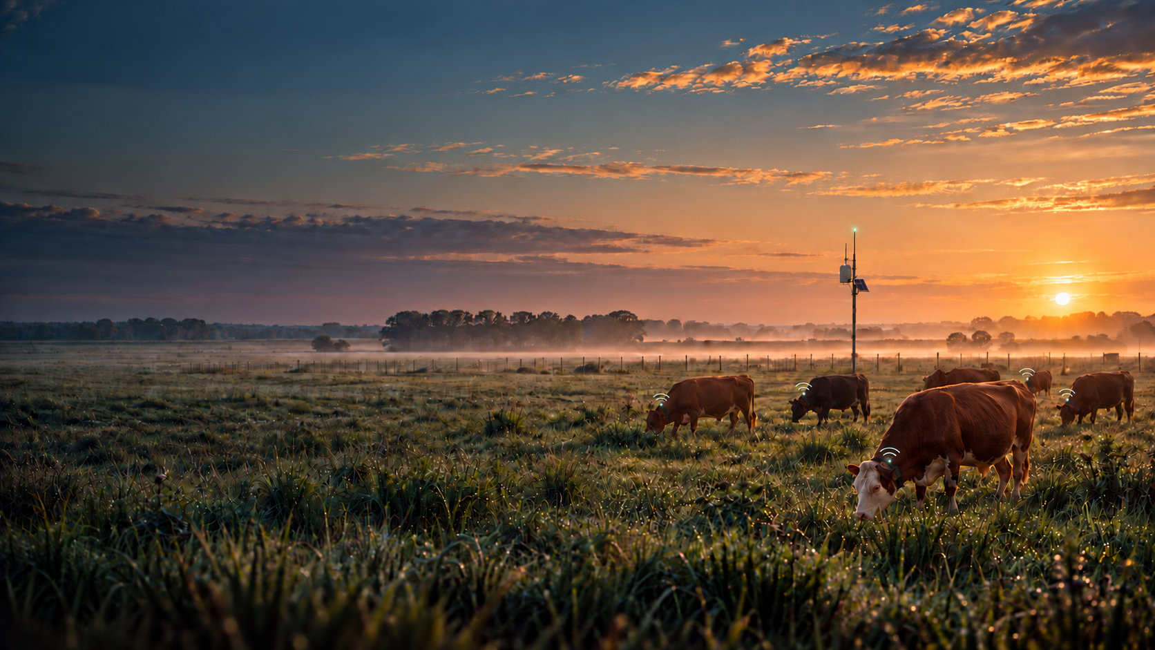 Ilustración de ganado al amanecer con pequeños símbolos de señal sobre los collares y un gateway de fondo con una luz discreta en la punta de la antena.